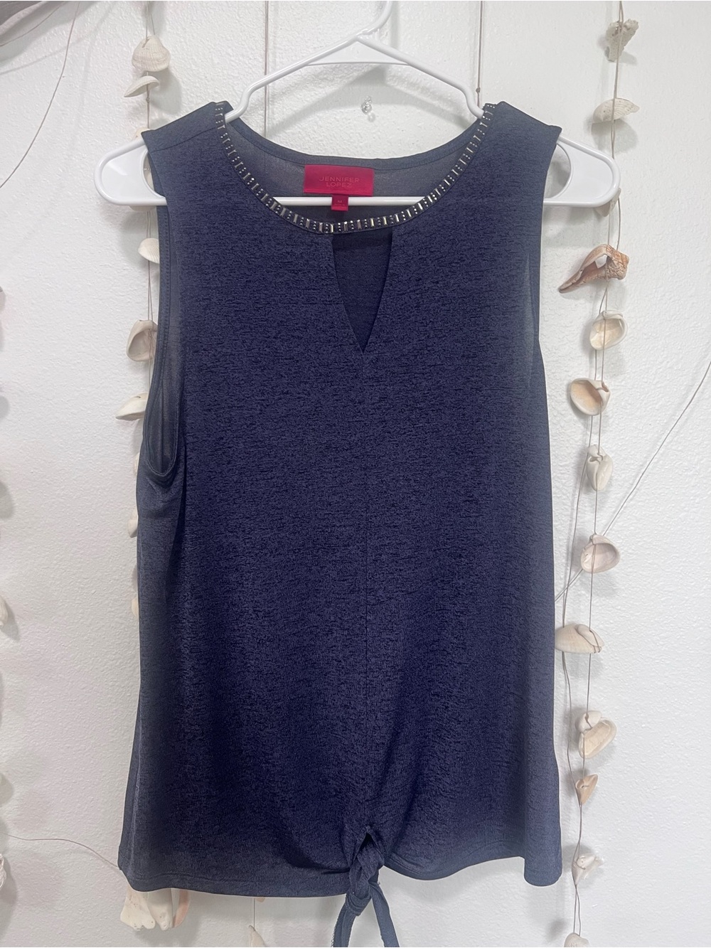 Jennifer Lopez Navy Blue Sheer Embellished Tie-Front Top Size M⁠